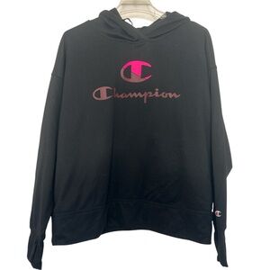 Champion Black Hoodie with Vibrant Pink Logo
